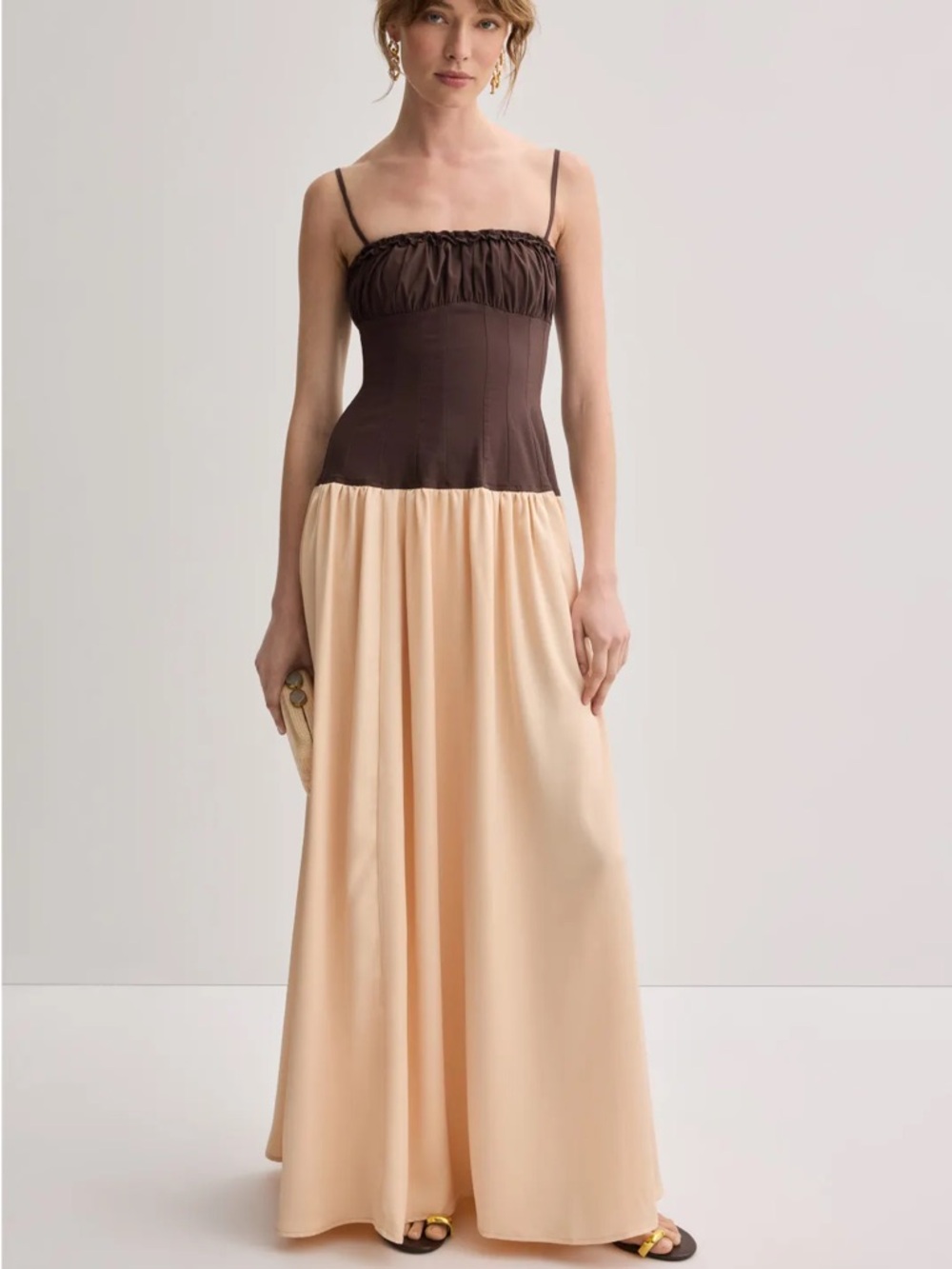 WeWoreWhat Ruffle Corset Brown Champagne Satin Maxi Dress Size 6 Small